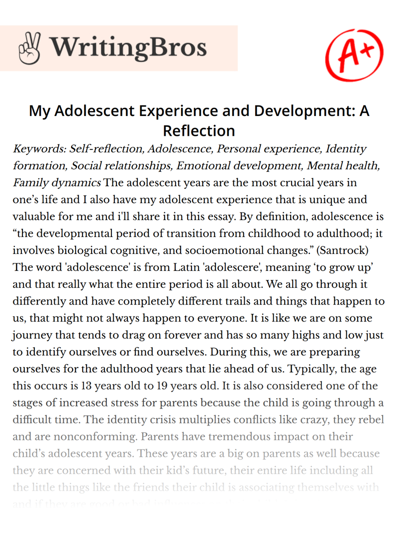 My Adolescent Experience and Development: A Reflection essay