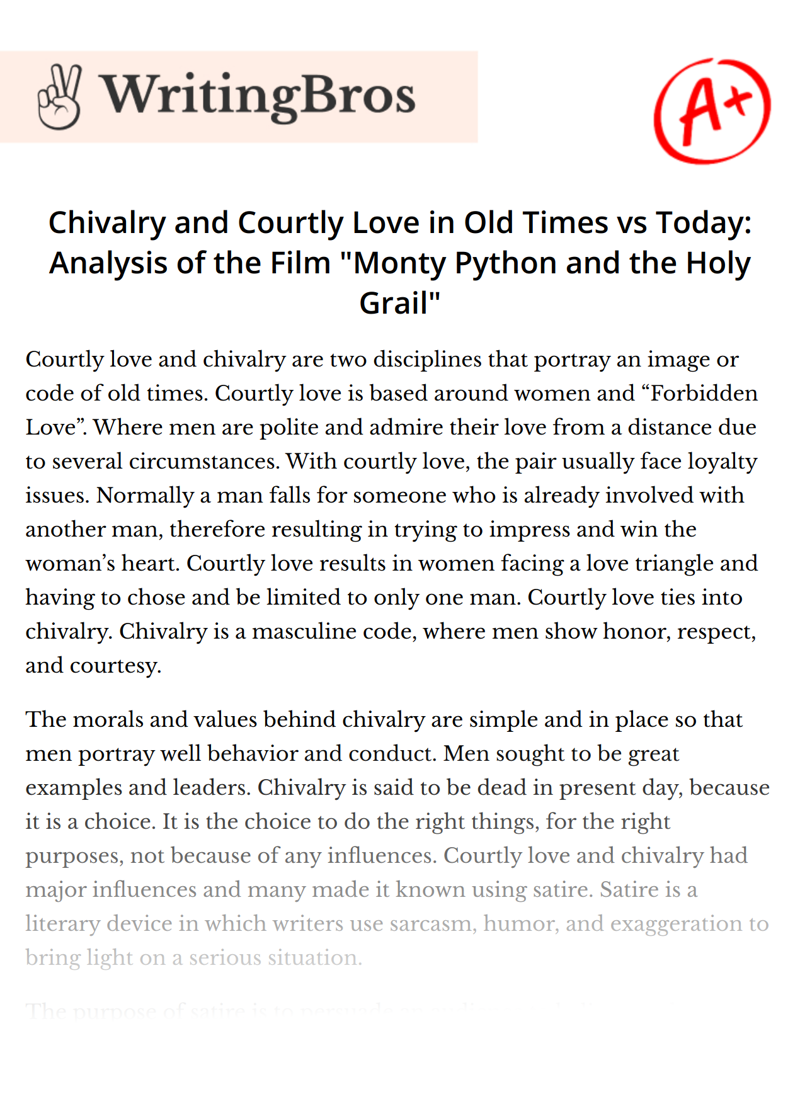 Chivalry and Courtly Love in Old Times vs Today: Analysis of the Film "Monty Python and the Holy Grail" essay