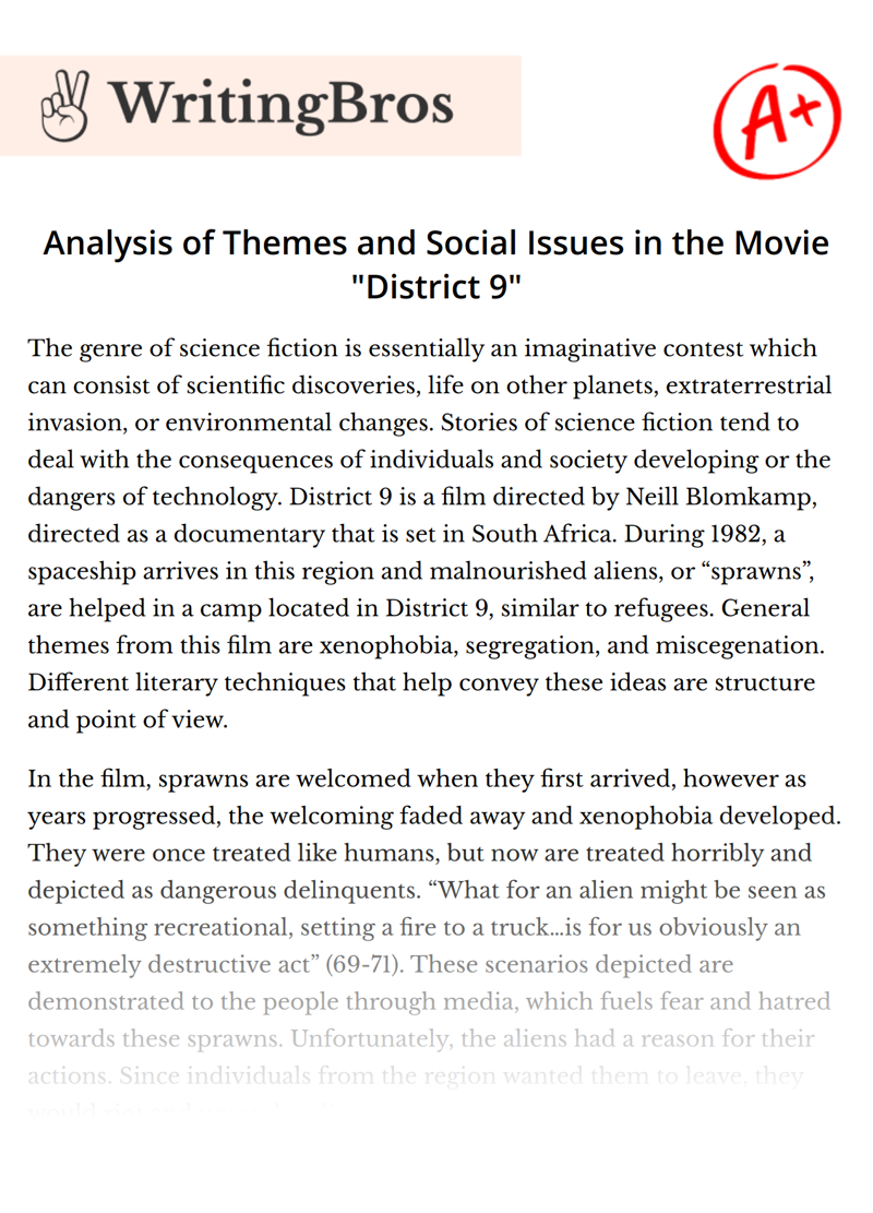 Analysis of Themes and Social Issues in the Movie "District 9" essay