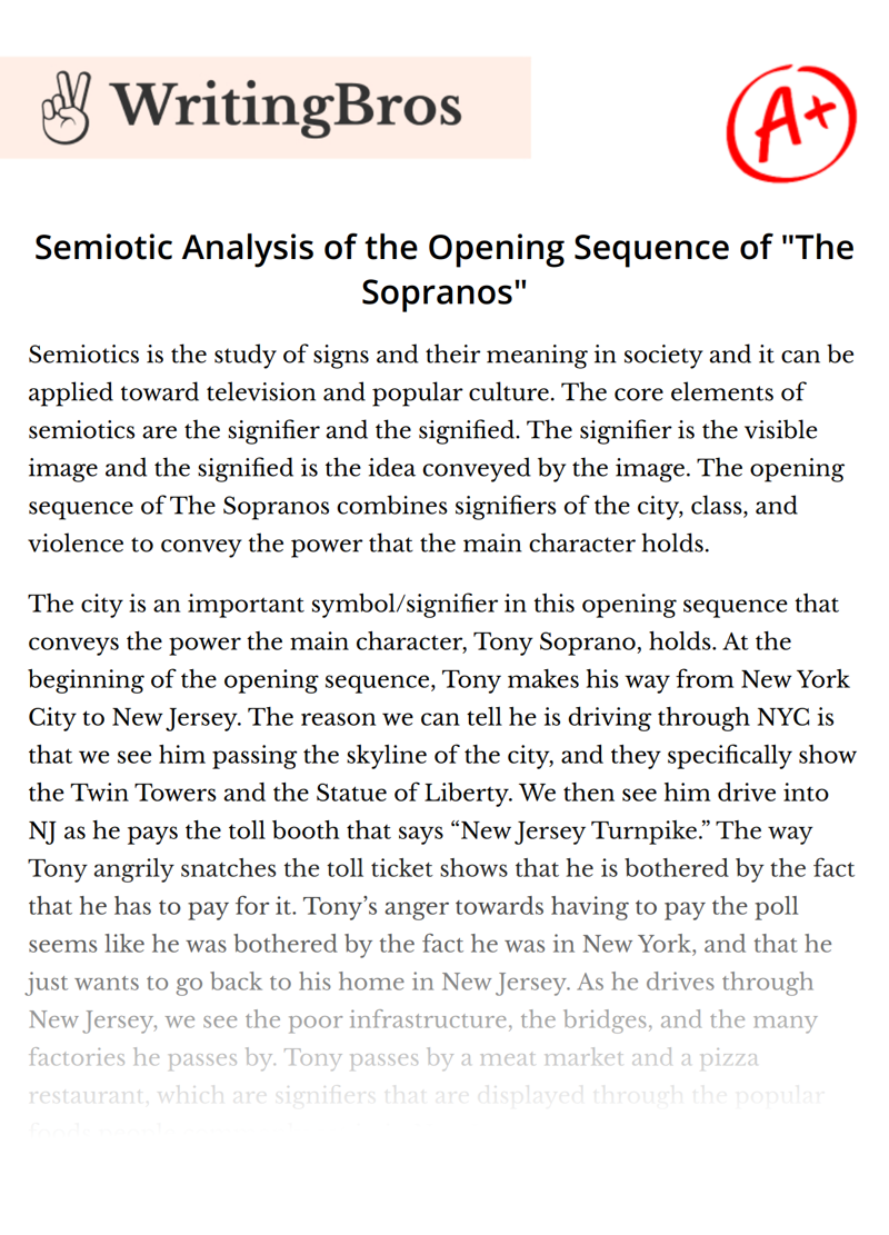 Semiotic Analysis of the Opening Sequence of "The Sopranos" essay
