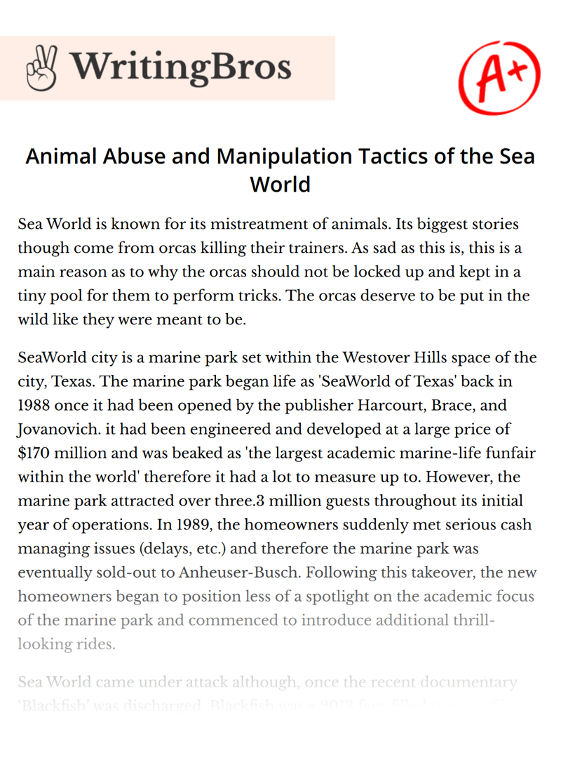 Animal Abuse and Manipulation Tactics of the Sea World essay