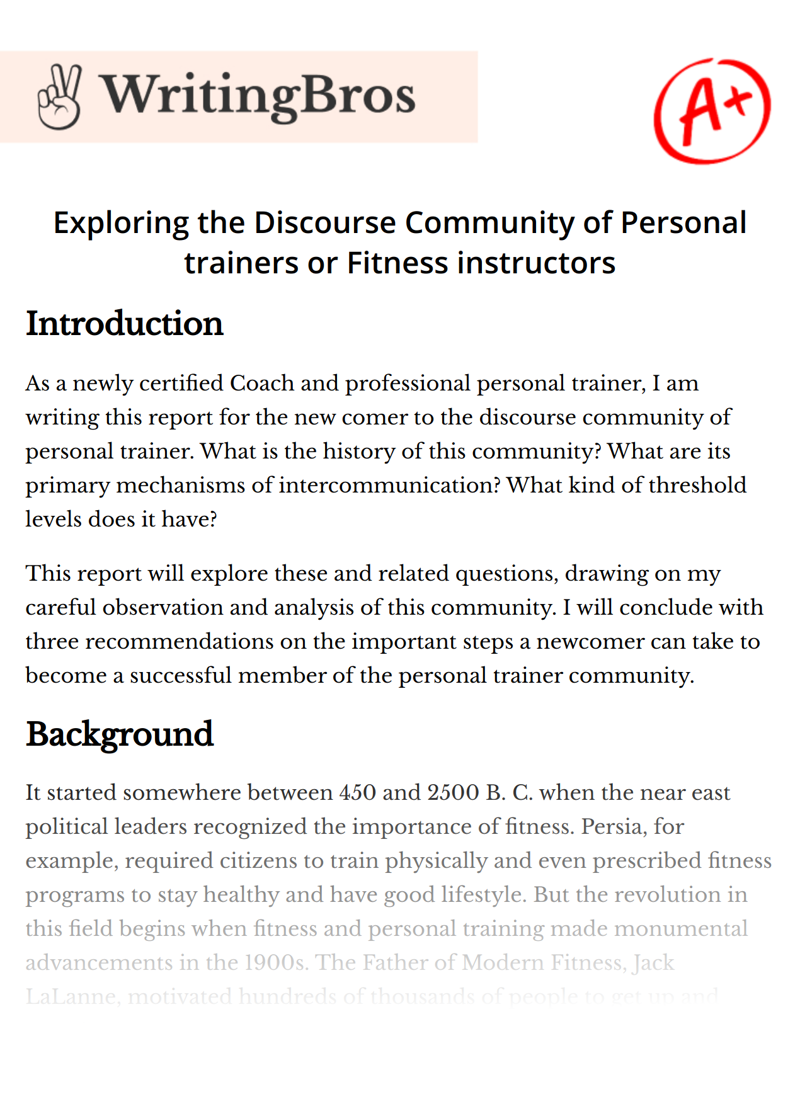 Exploring the Discourse Community of Personal trainers or Fitness instructors essay