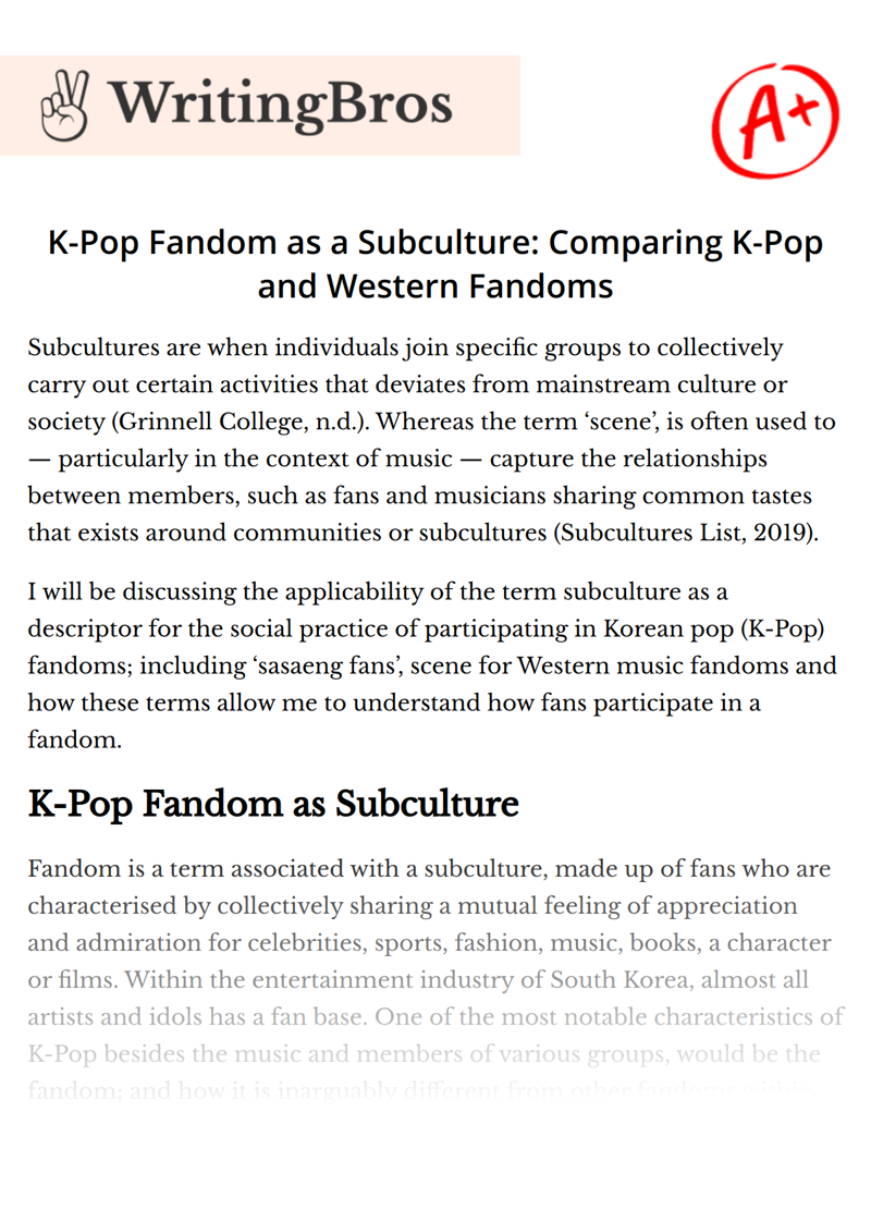 K-Pop Fandom as a Subculture: Comparing K-Pop and Western Fandoms essay