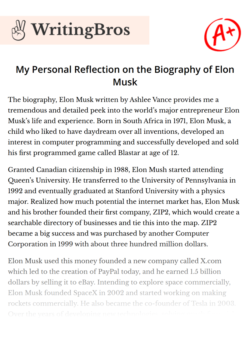 My Personal Reflection on the Biography of Elon Musk essay