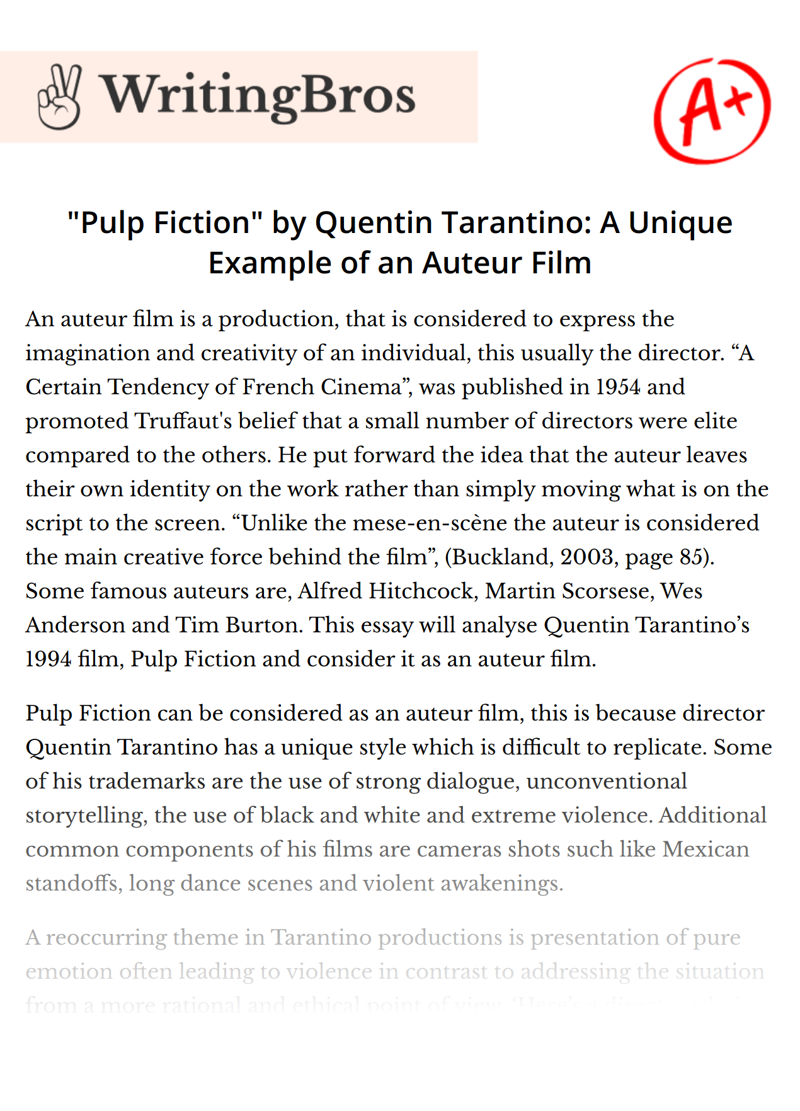 "Pulp Fiction" by Quentin Tarantino: A Unique Example of an Auteur Film essay