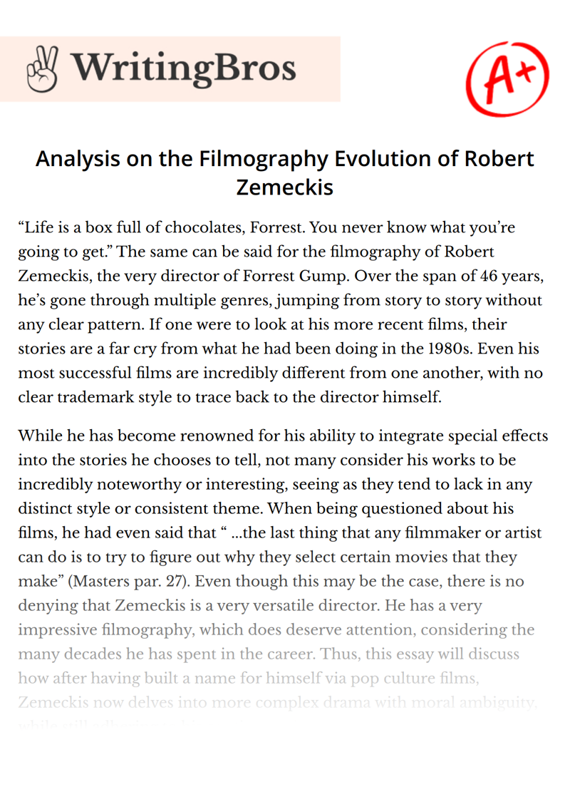 Analysis on the Filmography Evolution of Robert Zemeckis essay