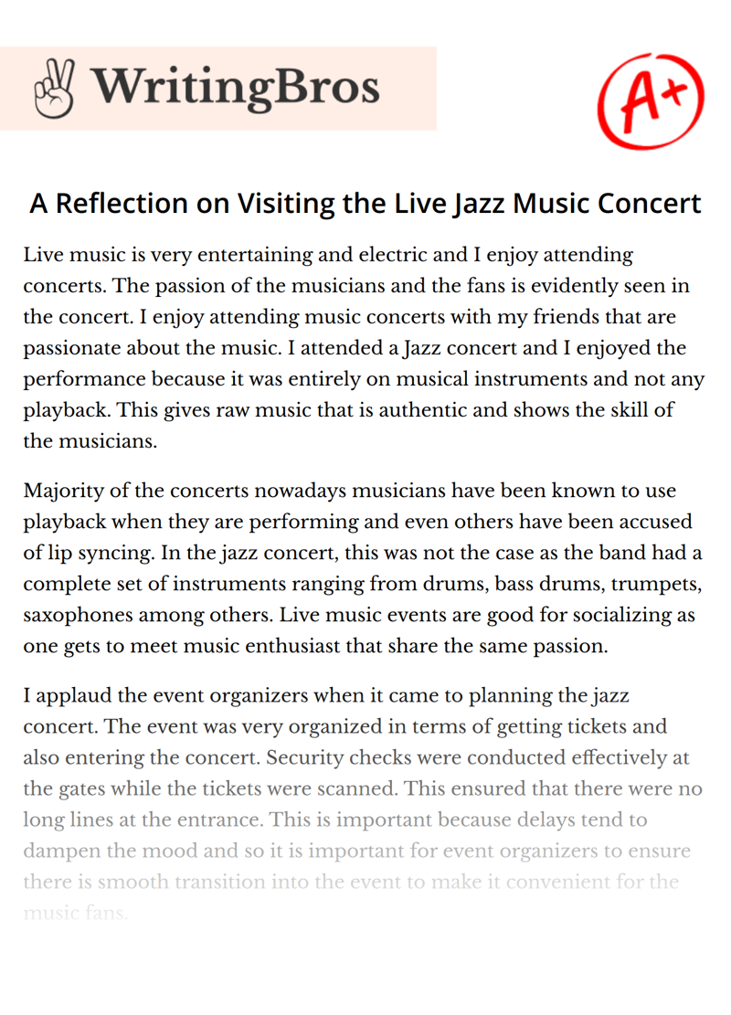 A Reflection on Visiting the Live Jazz Music Concert essay