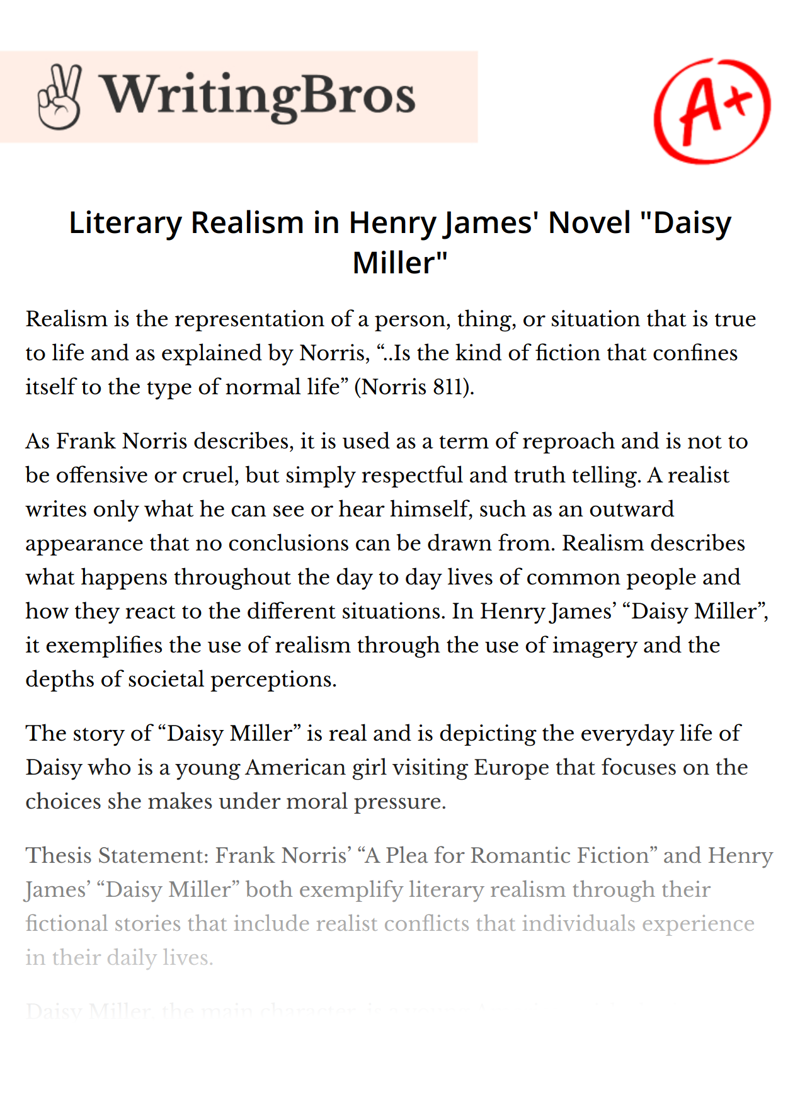 Literary Realism in Henry James' Novel "Daisy Miller" essay
