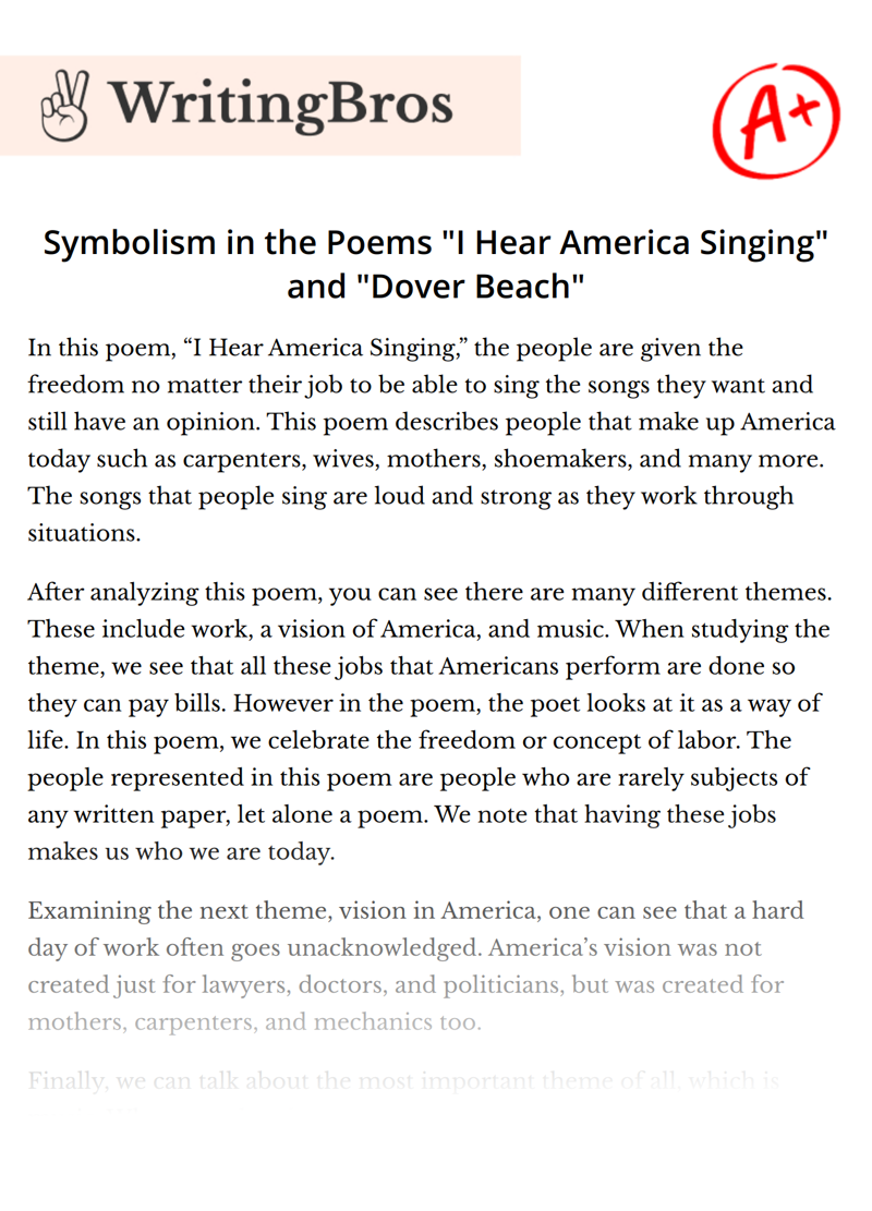 Symbolism in the Poems "I Hear America Singing" and "Dover Beach" essay