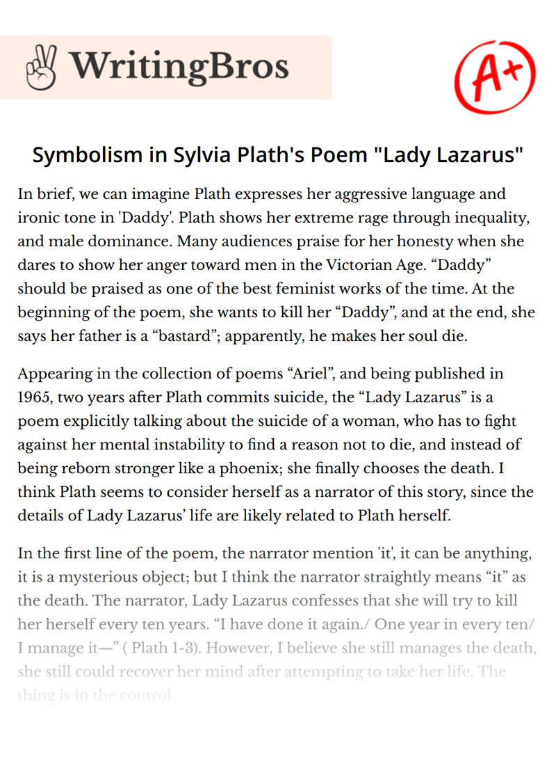Symbolism in Sylvia Plath's Poem "Lady Lazarus" essay