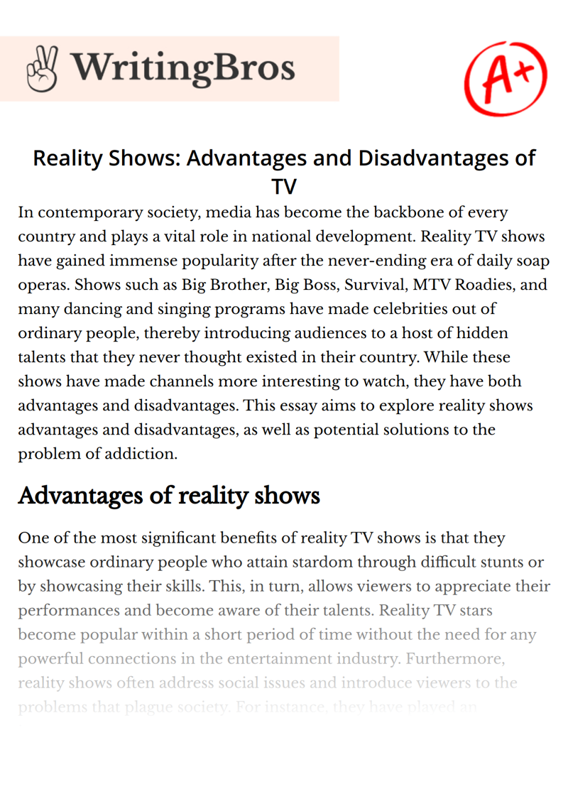 Reality Shows: Advantages and Disadvantages of TV essay