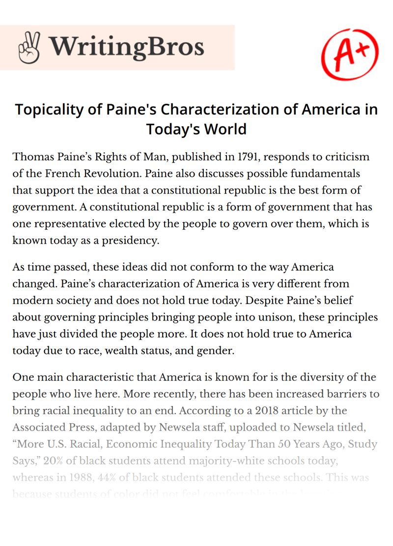 Topicality of Paine's Characterization of America in Today's World essay