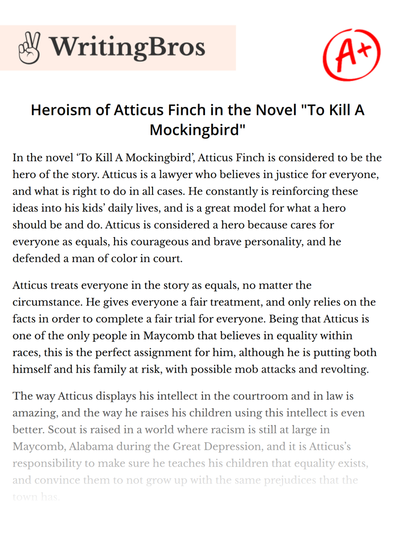 Heroism of Atticus Finch in the Novel "To Kill A Mockingbird" essay