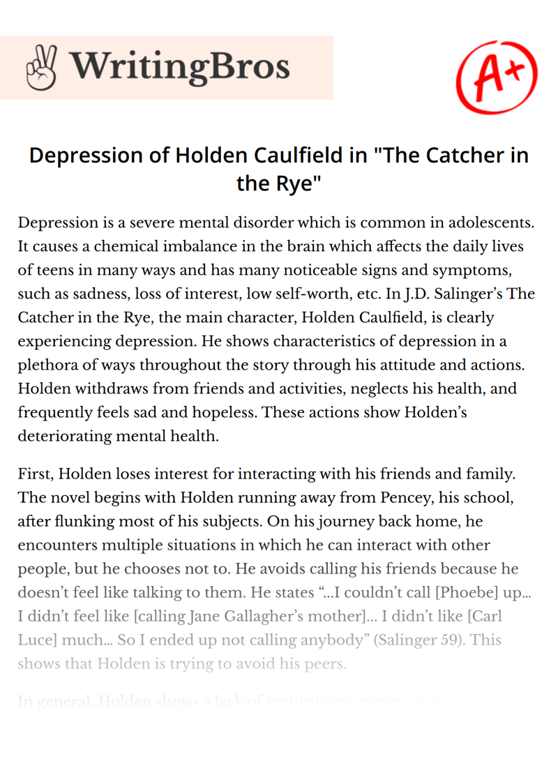 Depression of Holden Caulfield in "The Catcher in the Rye" essay