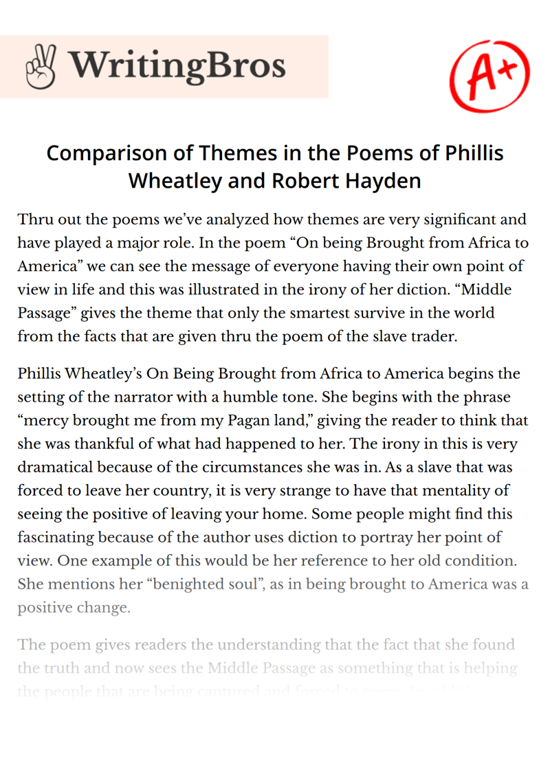 Comparison of Themes in the Poems of Phillis Wheatley and Robert Hayden essay