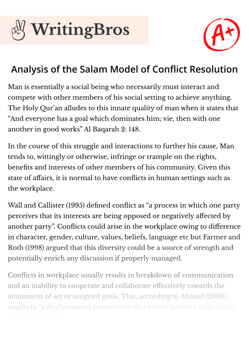 Analysis of the Salam Model of Conflict Resolution essay