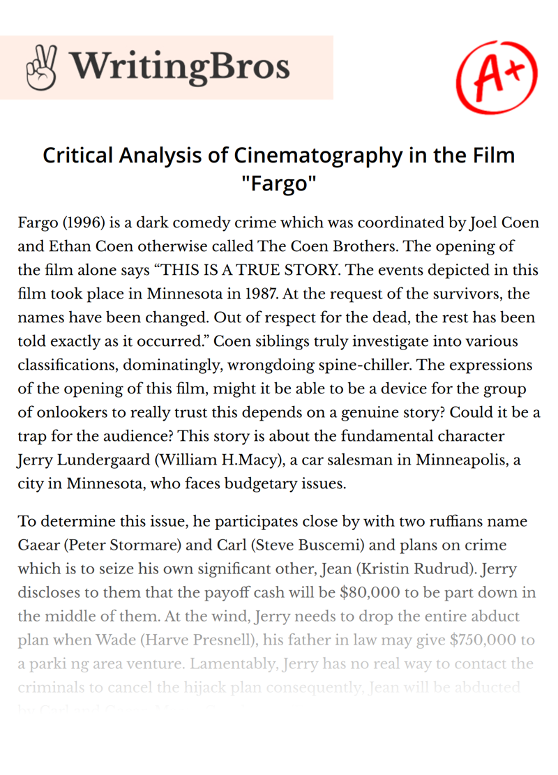 Critical Analysis of Cinematography in the Film "Fargo" essay