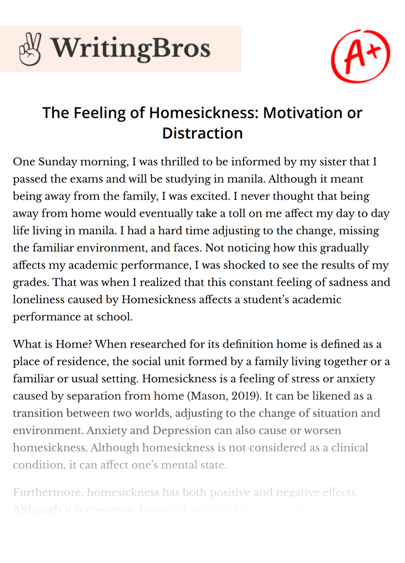 The Feeling of Homesickness: Motivation or Distraction essay