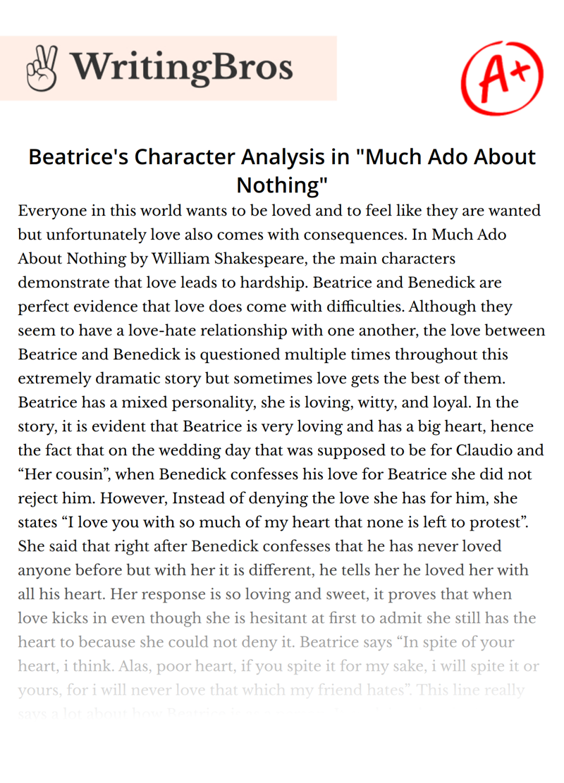 Beatrice's Character Analysis in "Much Ado About Nothing" essay