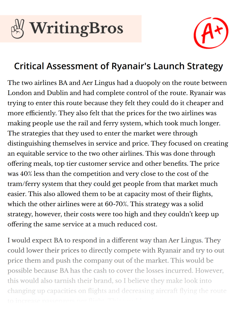 Critical Assessment of Ryanair's Launch Strategy essay