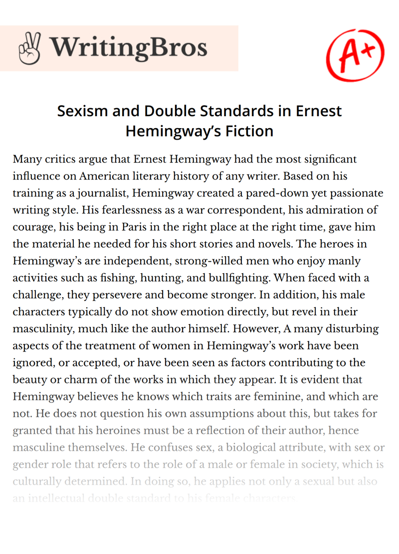 Sexism and Double Standards in Ernest Hemingway’s Fiction essay