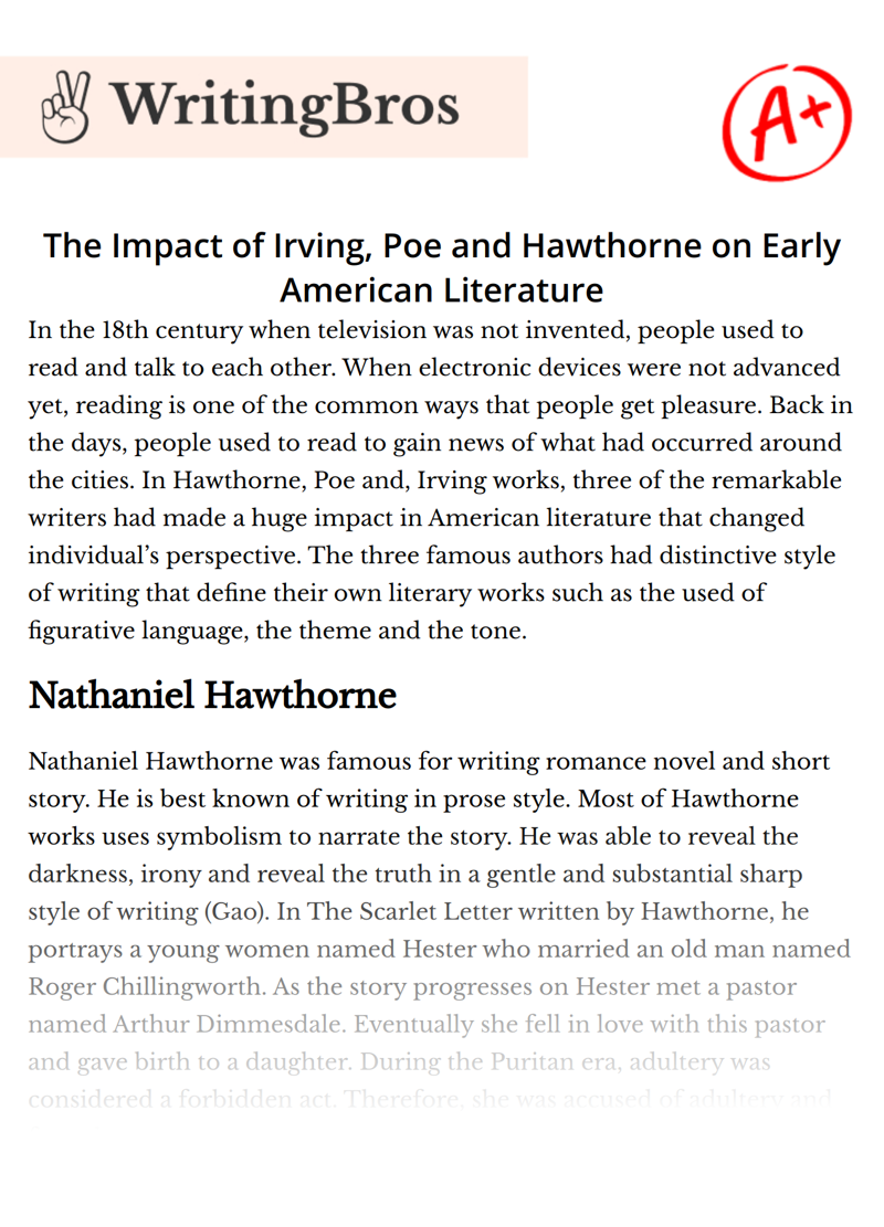 The Impact of Irving, Poe and Hawthorne on Early American Literature essay