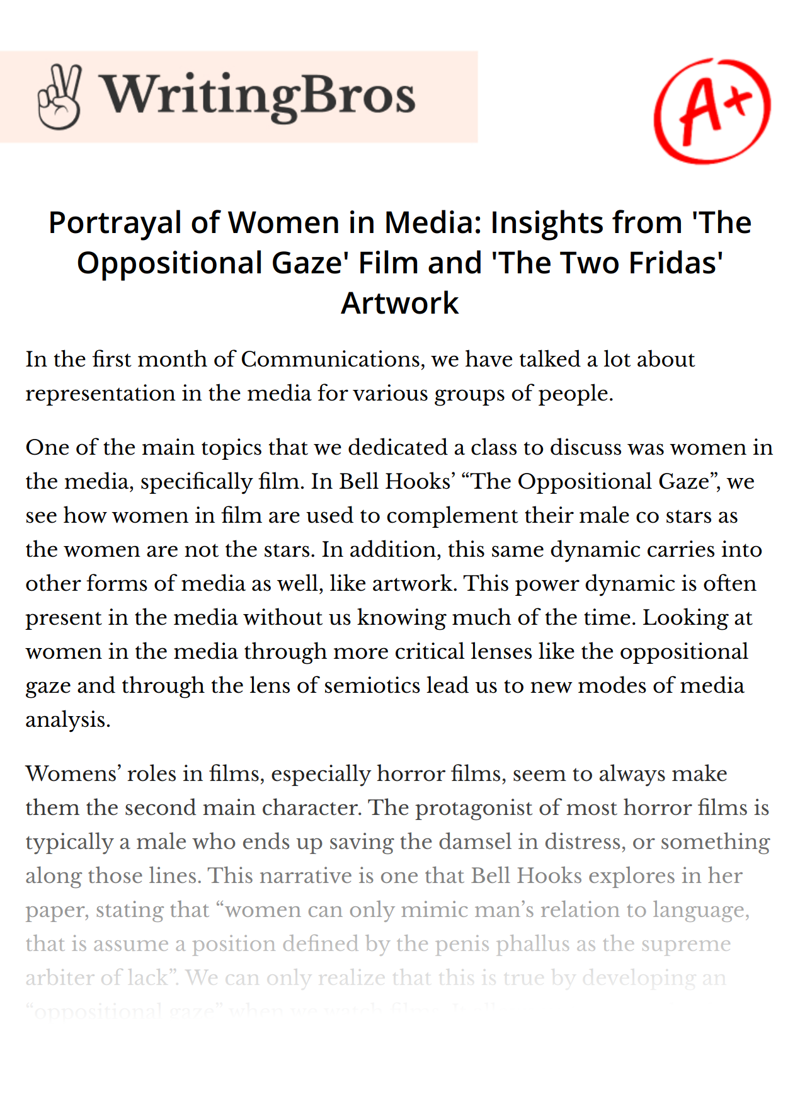 Portrayal of Women in Media: Insights from 'The Oppositional Gaze' Film and 'The Two Fridas' Artwork essay