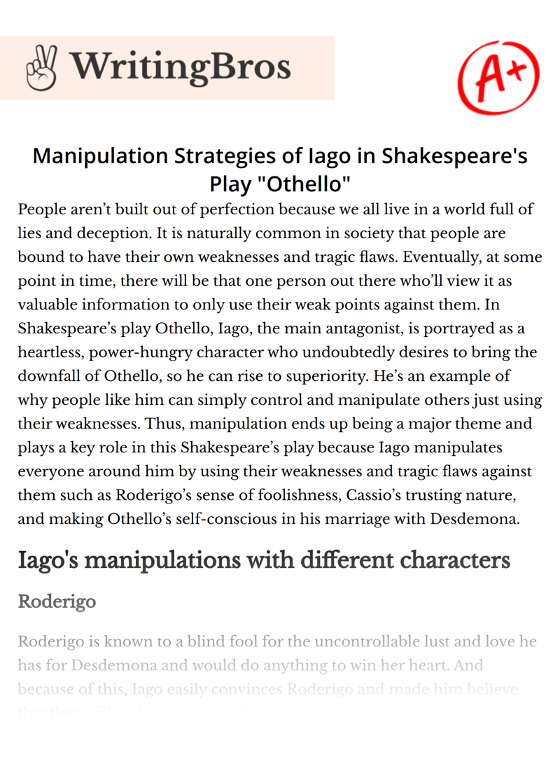 Manipulation Strategies of Iago in Shakespeare's Play "Othello" essay