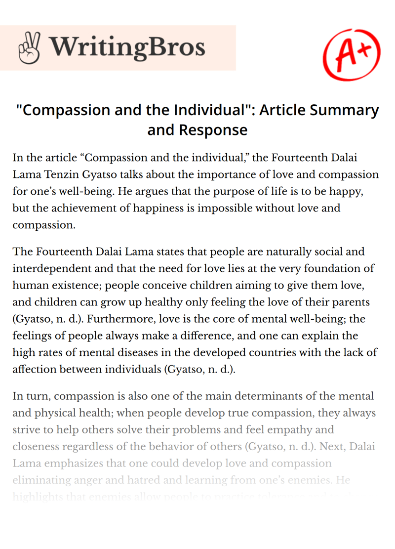 "Compassion and the Individual": Article Summary and Response essay