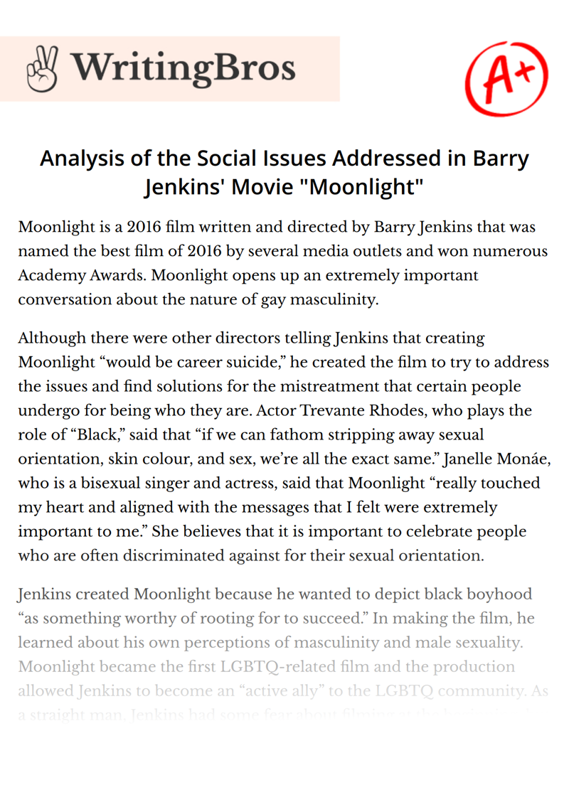 Analysis of the Social Issues Addressed in Barry Jenkins' Movie "Moonlight" essay