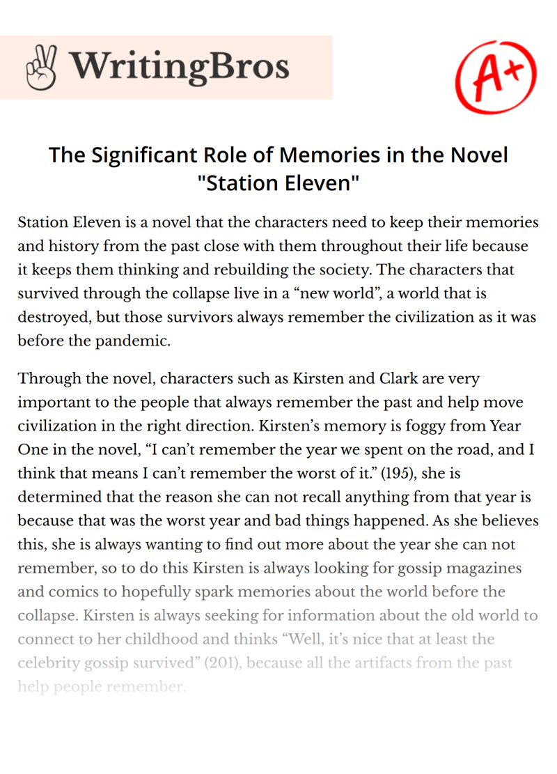 The Significant Role of Memories in the Novel "Station Eleven" essay