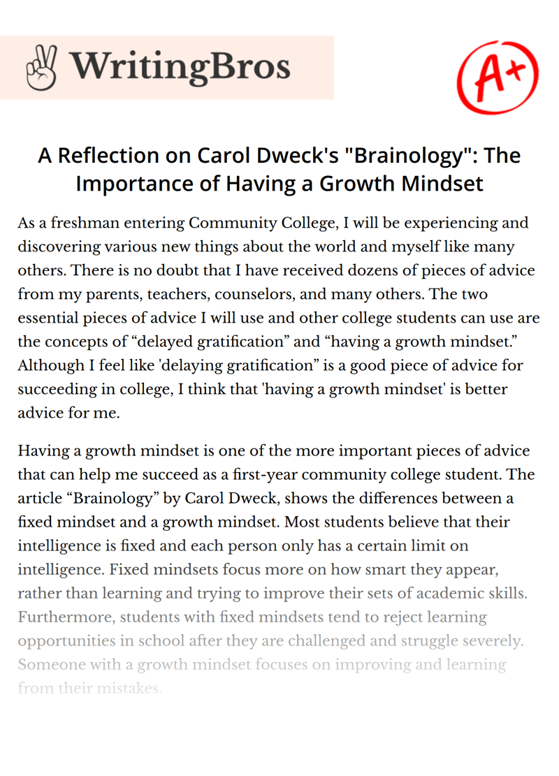 A Reflection on Carol Dweck's "Brainology": The Importance of Having a Growth Mindset essay