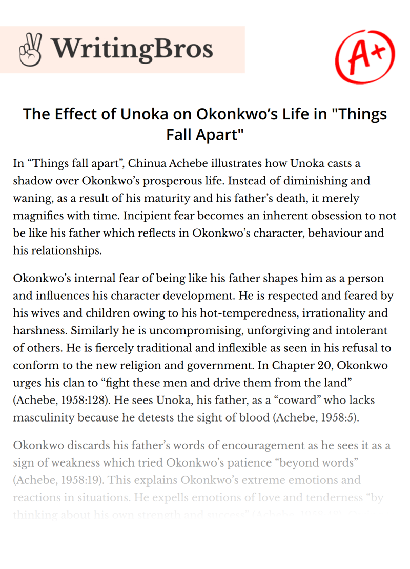The Effect of Unoka on Okonkwo’s Life in "Things Fall Apart" essay