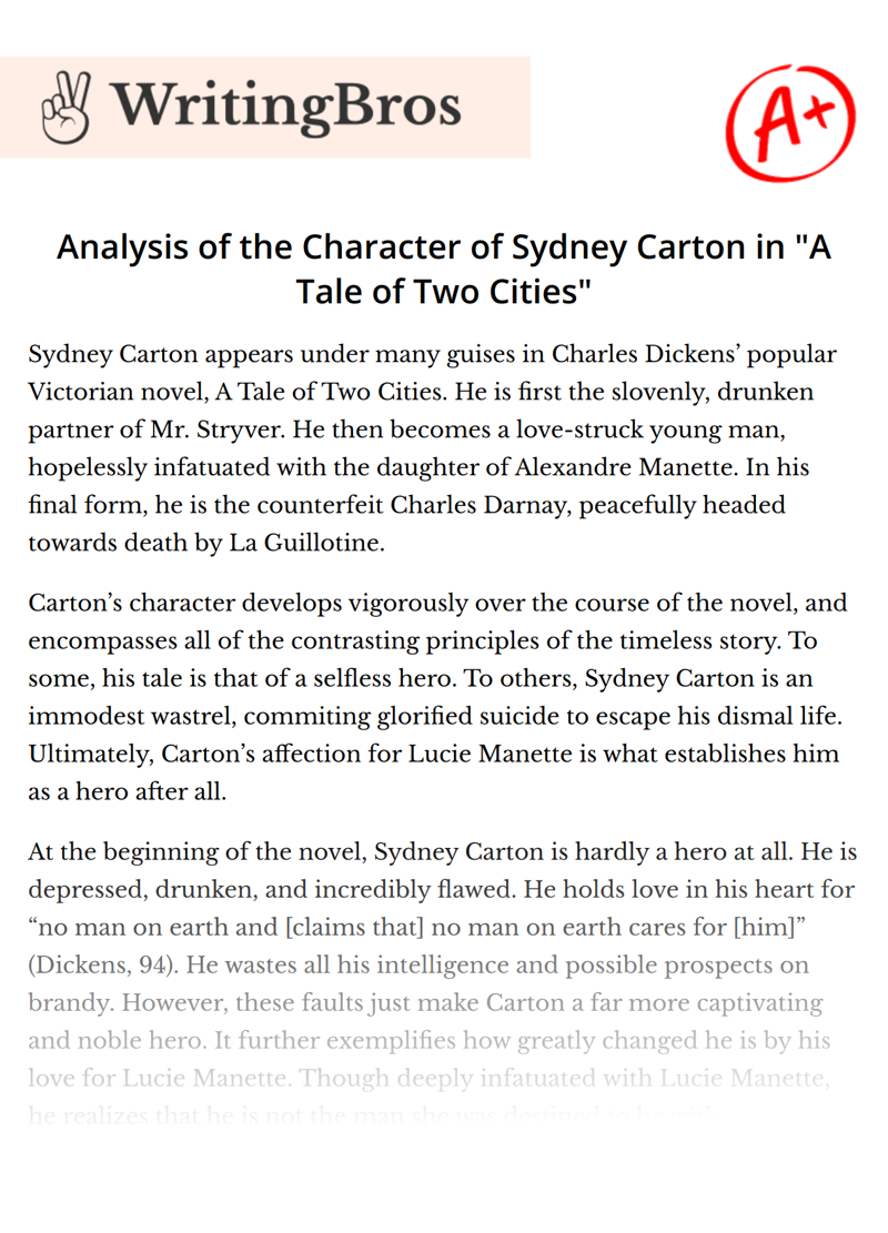 Analysis of the Character of Sydney Carton in "A Tale of Two Cities" essay