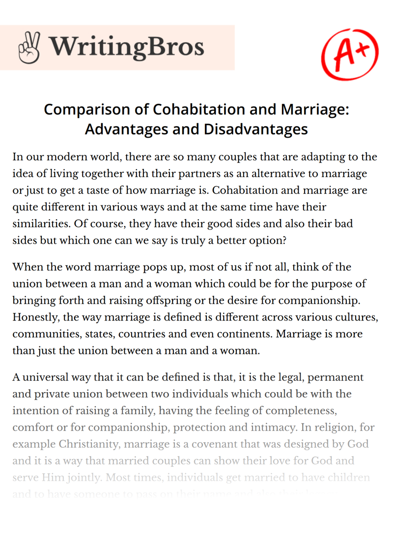 Comparison of Cohabitation and Marriage: Advantages and Disadvantages  essay