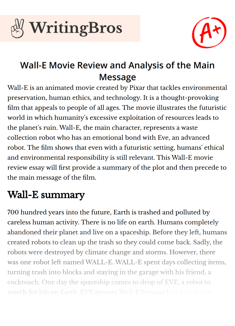 Wall-E Movie Review and Analysis of the Main Message essay