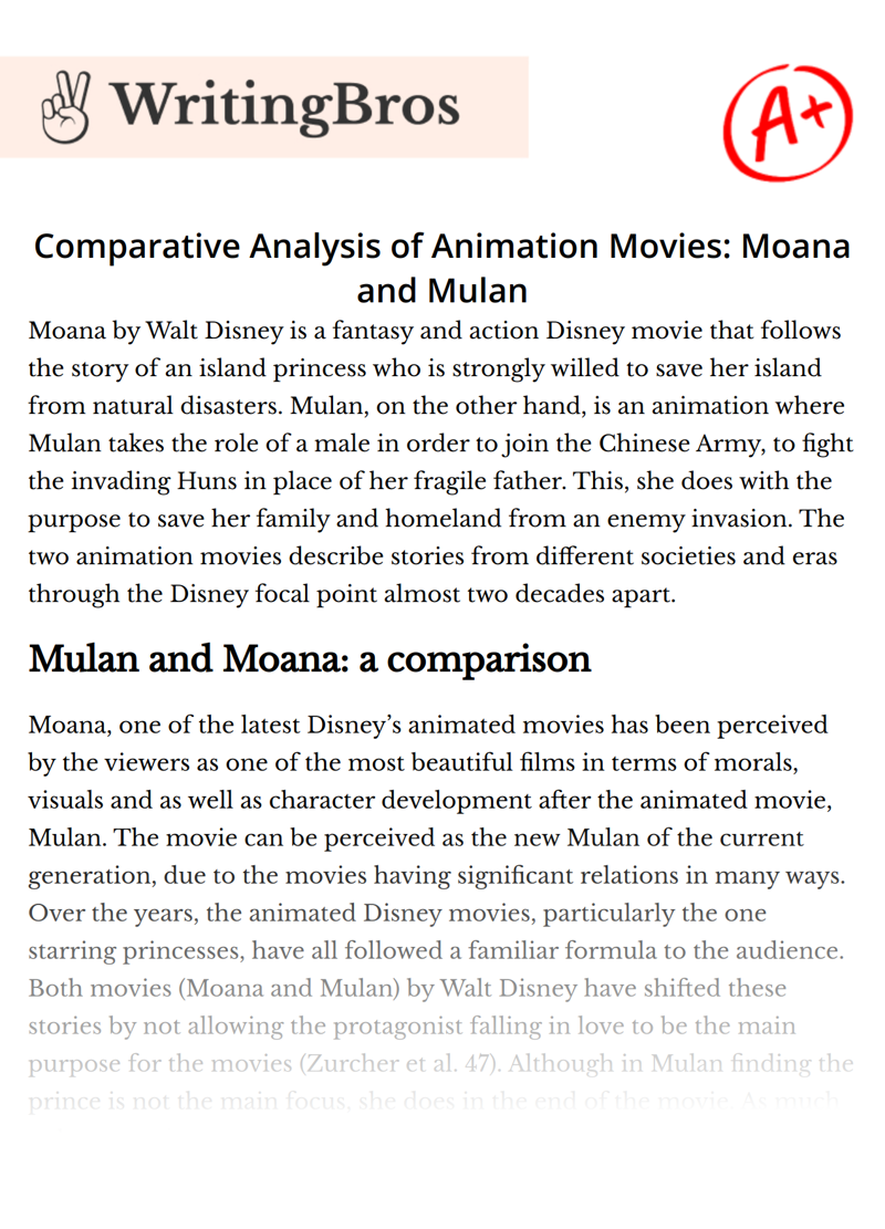 Comparative Analysis of Animation Movies: Moana and Mulan essay