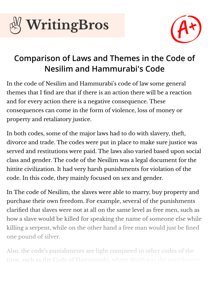 Comparison of Laws and Themes in the Code of Nesilim and Hammurabi's Code essay