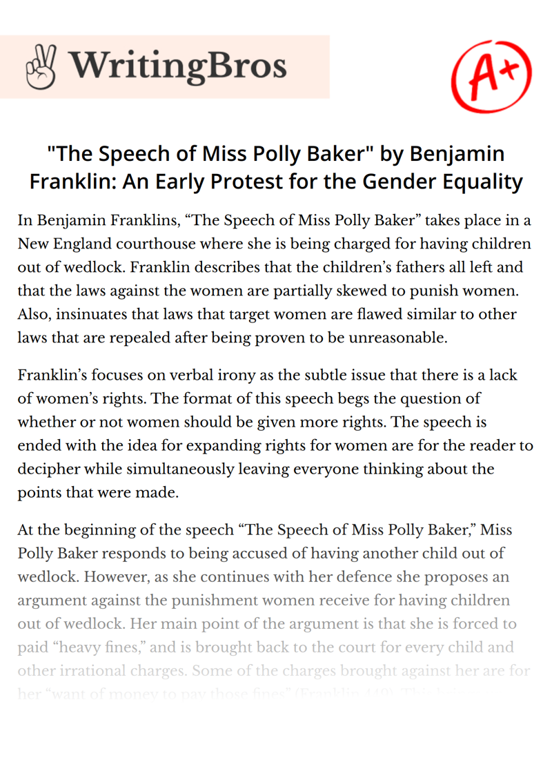 "The Speech of Miss Polly Baker" by Benjamin Franklin: An Early Protest for the Gender Equality essay