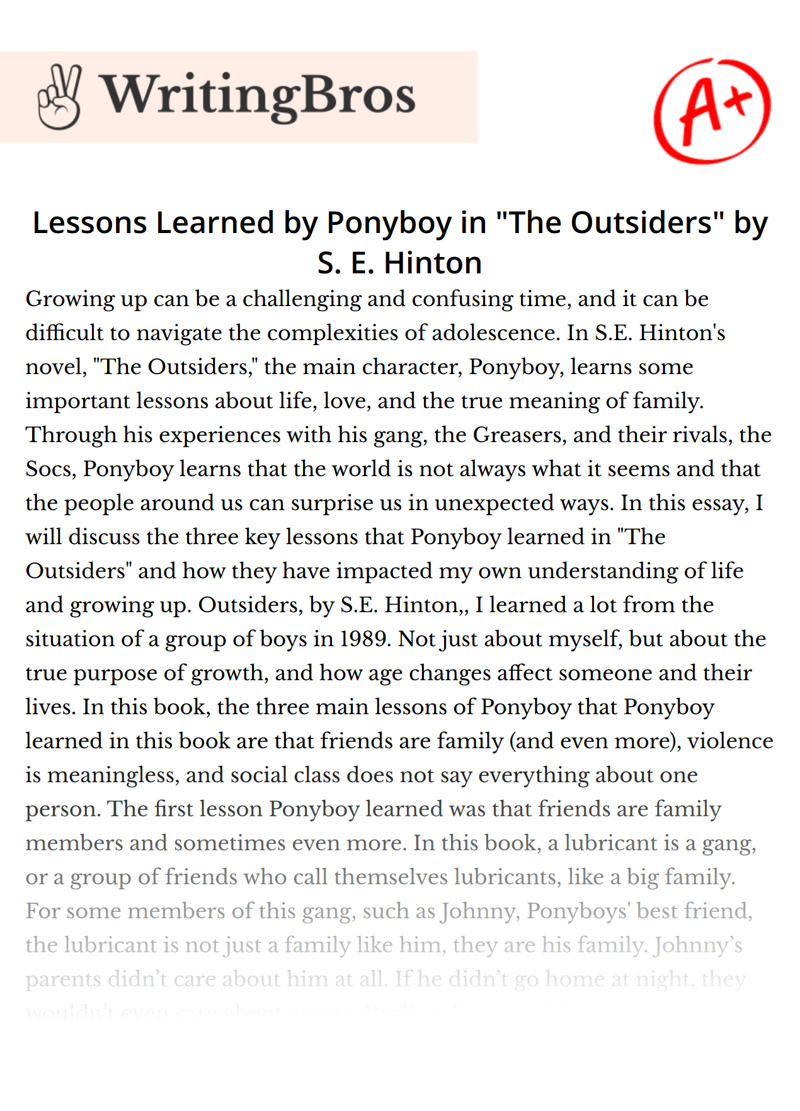 Lessons Learned by Ponyboy in "The Outsiders" by S. E. Hinton essay
