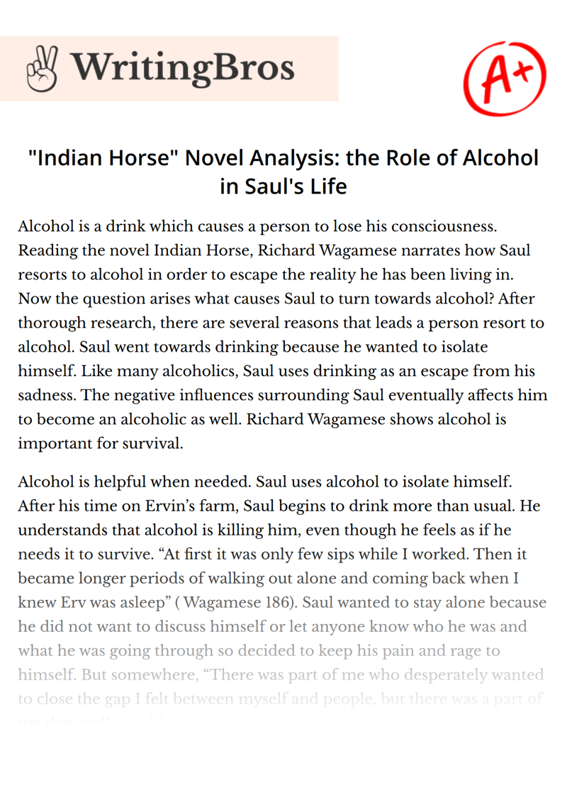 "Indian Horse" Novel Analysis: the Role of Alcohol in Saul's Life essay