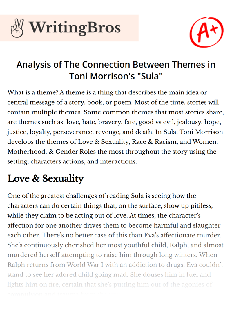 Analysis of The Connection Between Themes in Toni Morrison's "Sula" essay