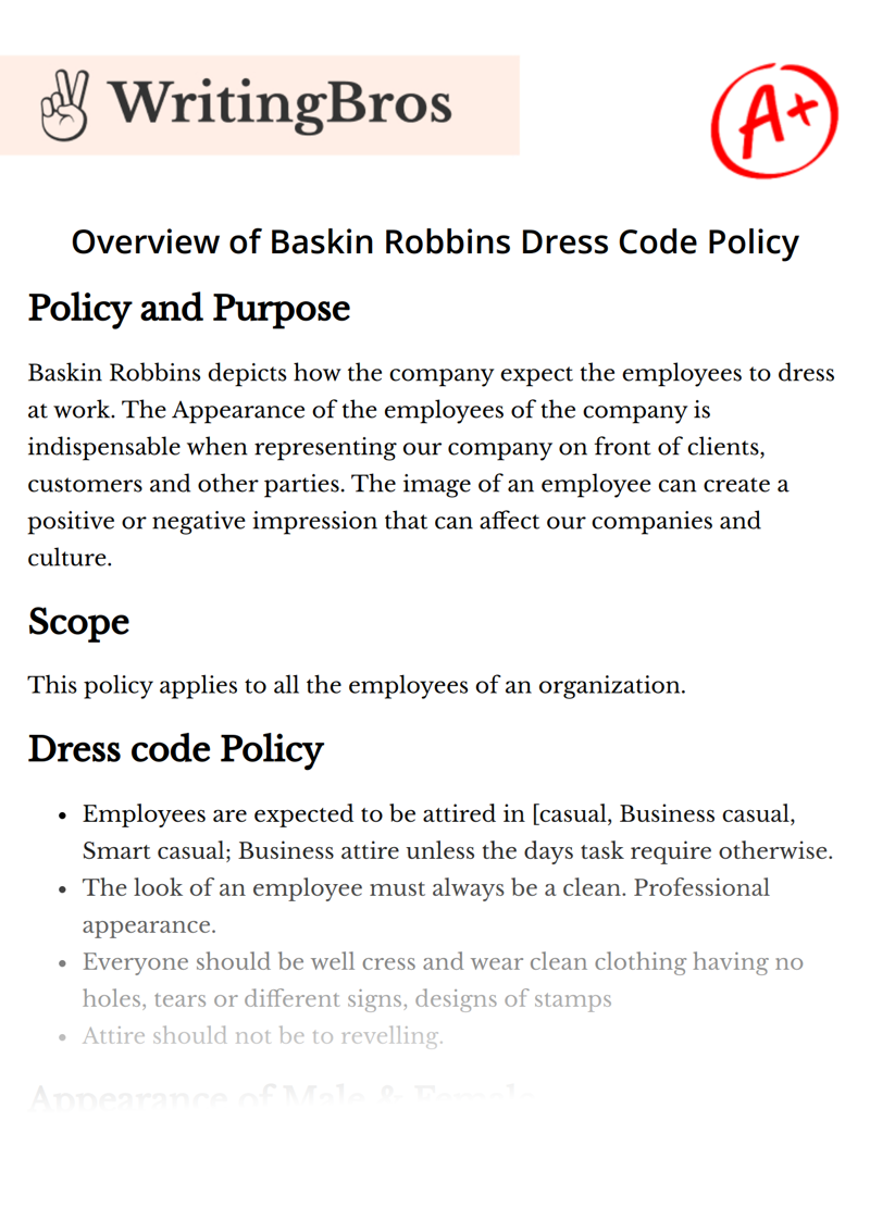 Overview of Baskin Robbins Dress Code Policy essay