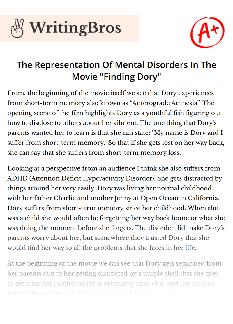 The Representation Of Mental Disorders In The Movie "Finding Dory" essay