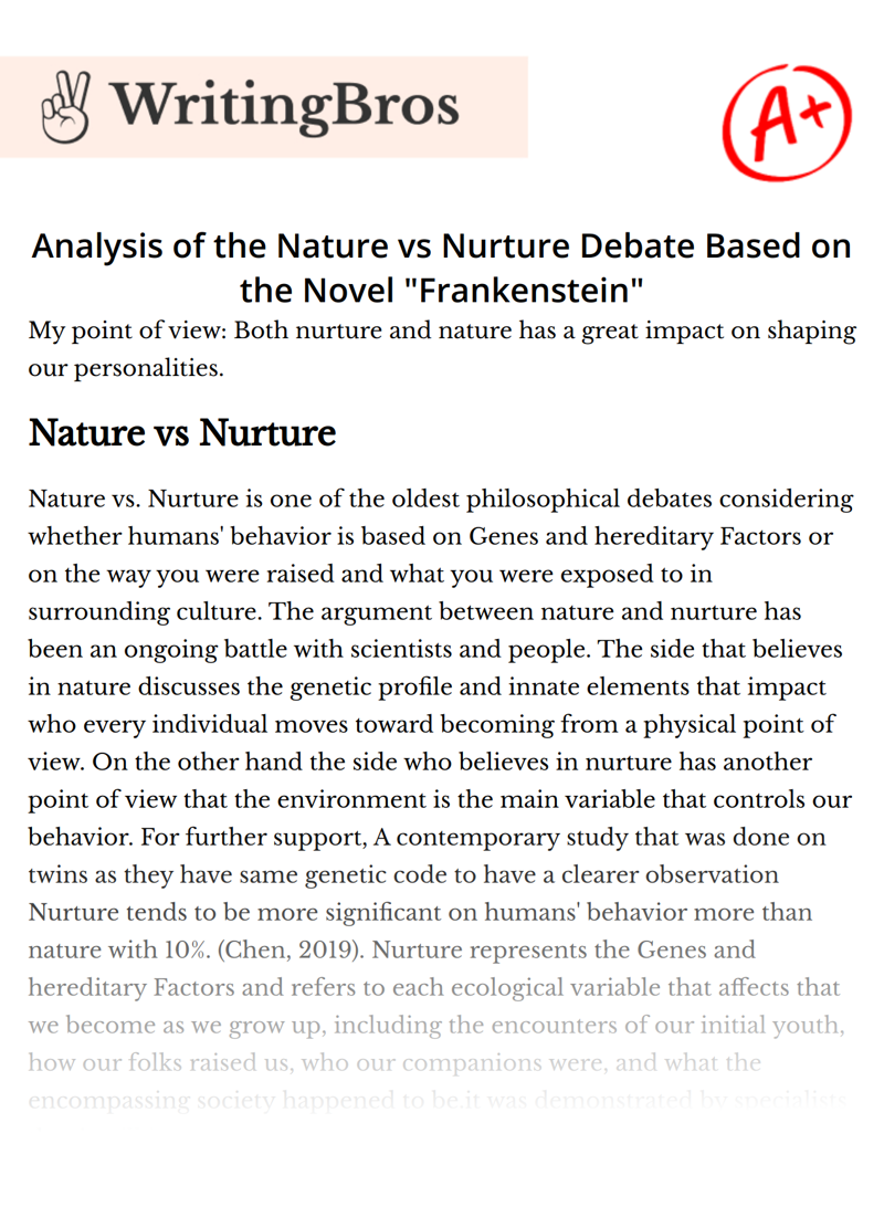 Analysis of the Nature vs Nurture Debate Based on the Novel "Frankenstein" essay