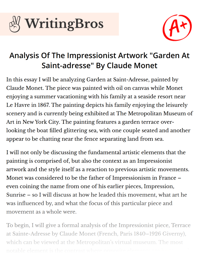 Analysis Of The Impressionist Artwork "Garden At Saint-adresse" By Claude Monet essay