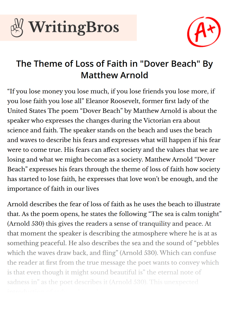 The Theme of Loss of Faith in "Dover Beach" By Matthew Arnold essay