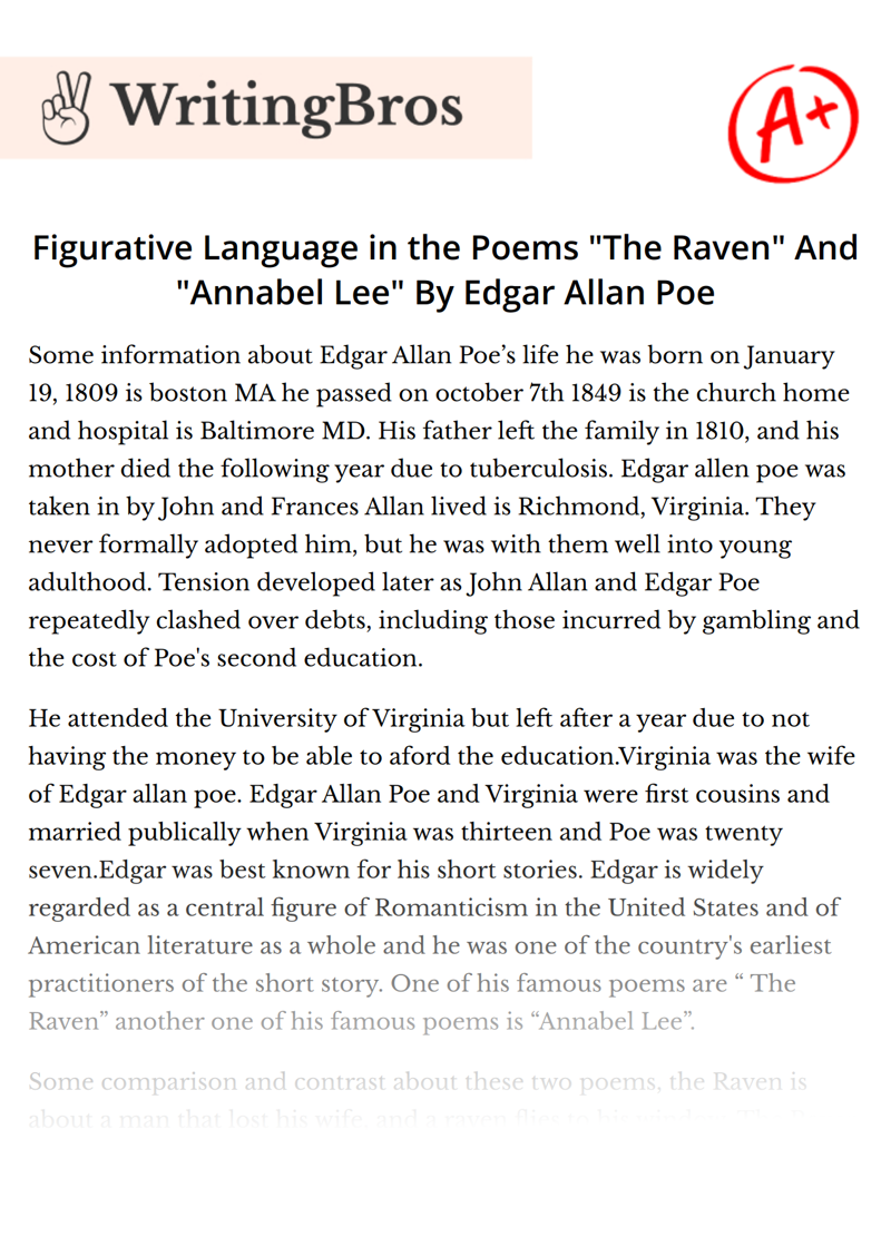 Figurative Language in the Poems "The Raven" And "Annabel Lee" By Edgar Allan Poe essay