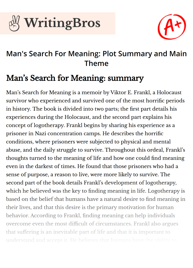 Man's Search For Meaning: Plot Summary and Main Theme essay
