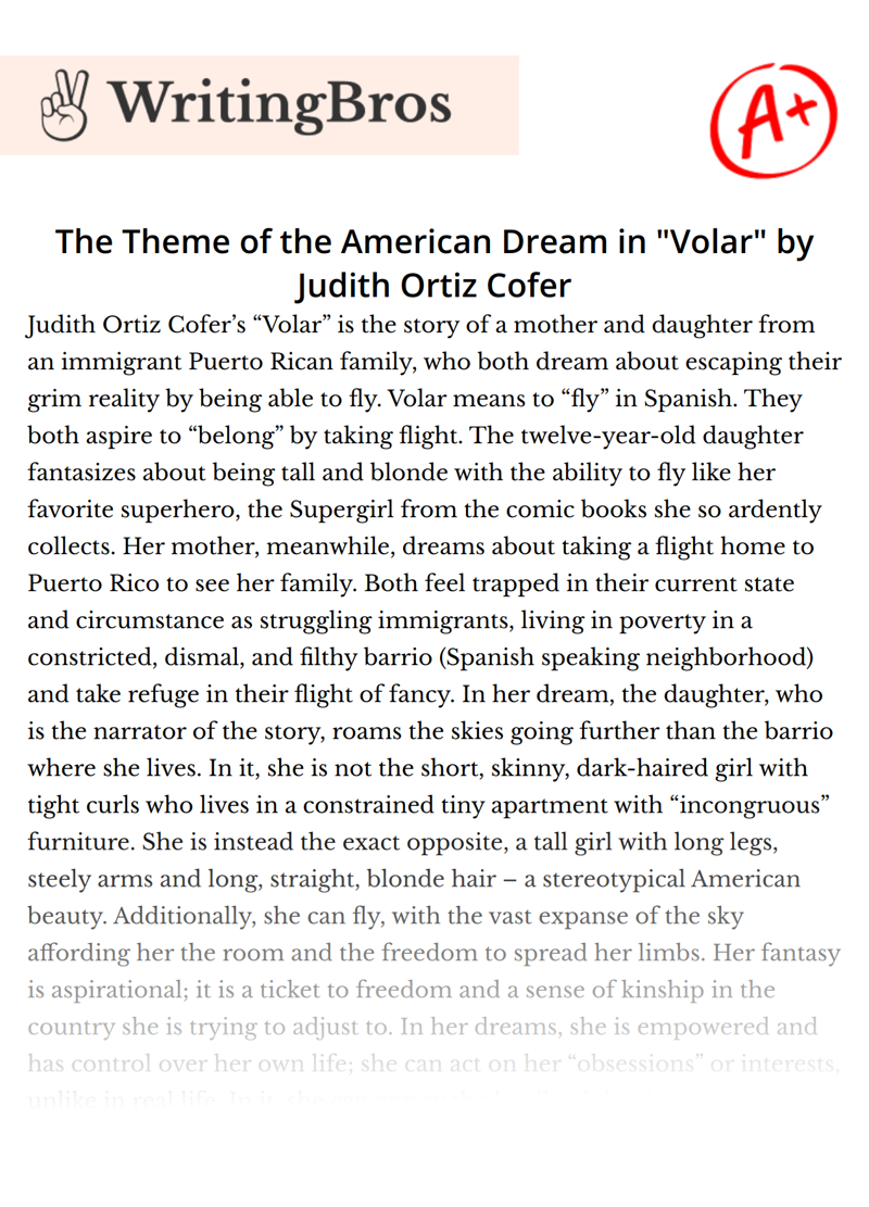 The Theme of the American Dream in "Volar" by Judith Ortiz Cofer essay